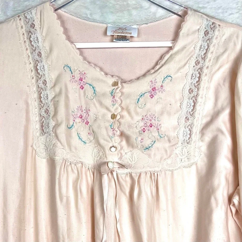 Lady Barbizon‎ Nightgown L Peach Pink Floral Lace Long Sleeve Loungewear Women
